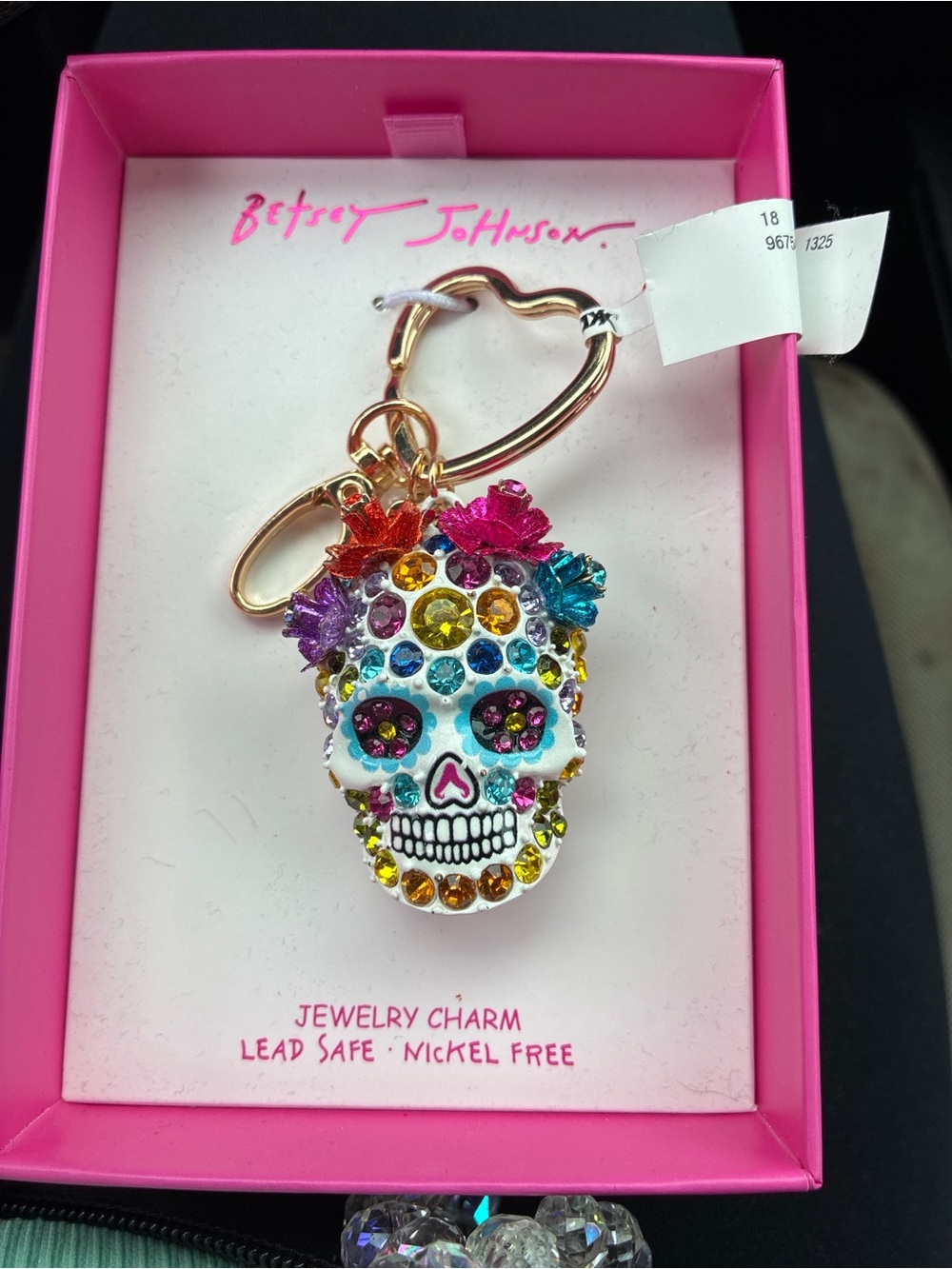 Betsey Johnson Multicolor Crystal Sugar Skull Keychain Charm